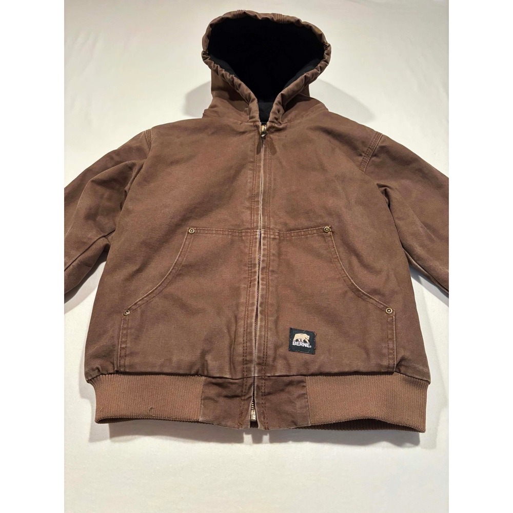 Berne Workwear Kids Brown Duck Canvas Hooded Jacket Quilted Lined Size M